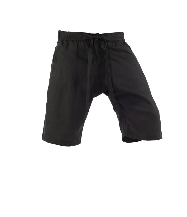 photo of black, 100% linen drop crotch shorts for men on white background.