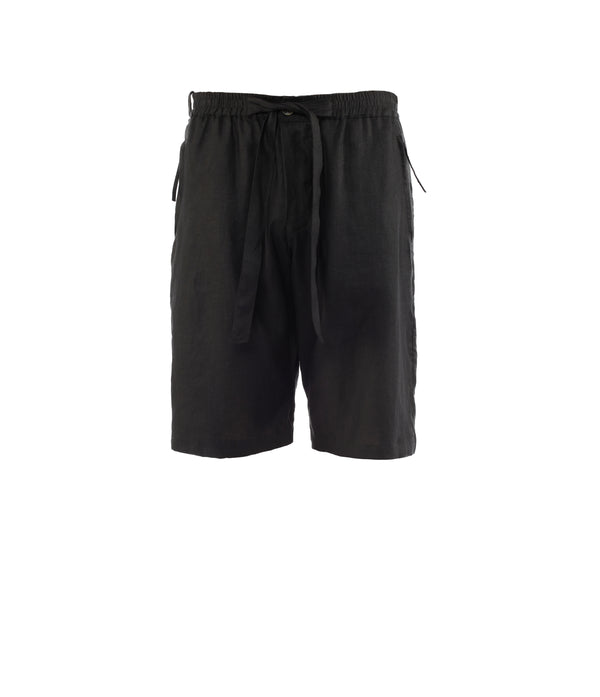 photo of front view of black linen bermuda on white background.