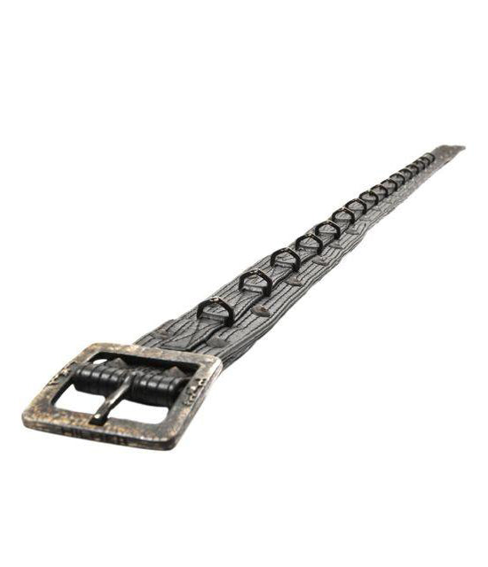 A textured black men's leather belt with a distressed silver-toned buckle, shown diagonally on a plain white background.