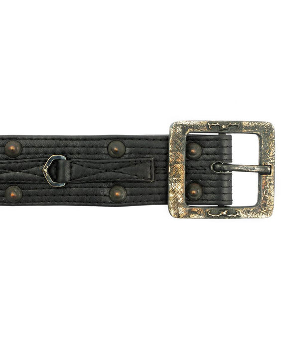 A close-up of a black textured men's leather belt with a rectangular buckle featuring a distressed, metallic gold and silver patterned border.