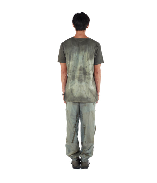 Men facing back, wearing blue green tie dye T shirt and pants.