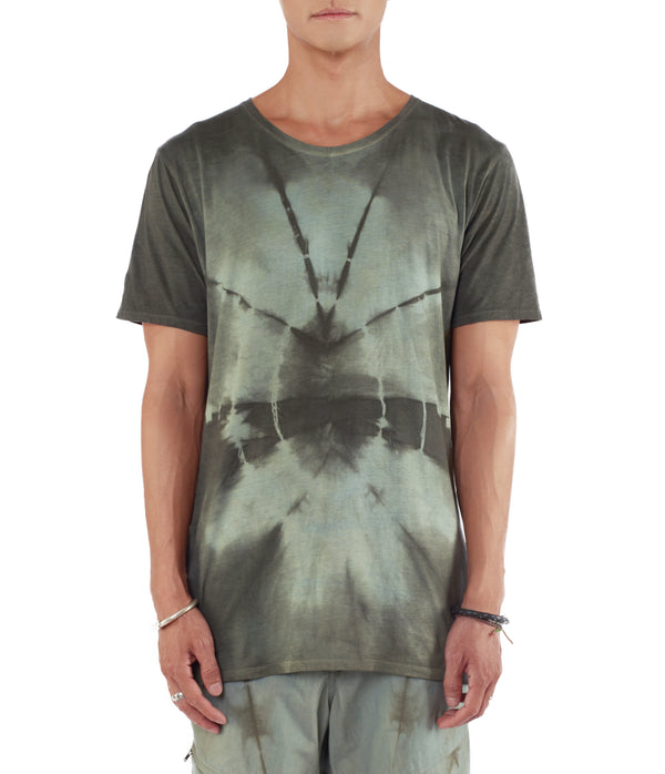 Men wearing blue green tie dye T shirt 