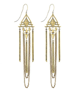 Gold geometric art deco earrings with chain details on a white background