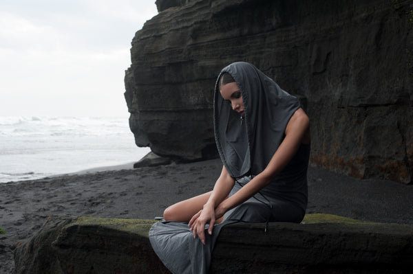 Comfortable and stylish long hooded dress with leather strings and ultra high slit . Made of ultra soft bamboo & GOTS certified organic cotton.