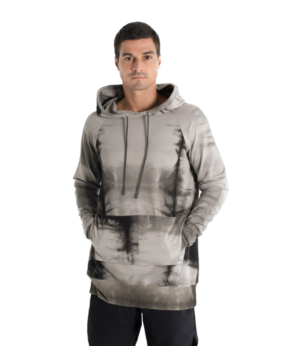 Drawstring hoodie sweatshirt crafted from medium weight cotton terry finished with ecovero* ribbing, lined hood. Hand dyed with plant with shibori method.