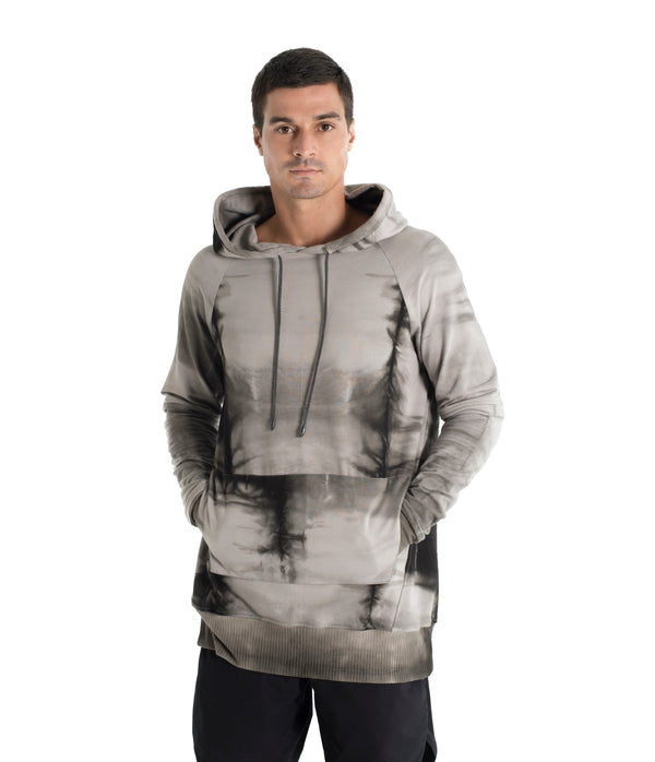 Drawstring hoodie sweatshirt crafted from medium weight cotton terry finished with ecovero* ribbing, lined hood. Hand dyed with plant with shibori method.