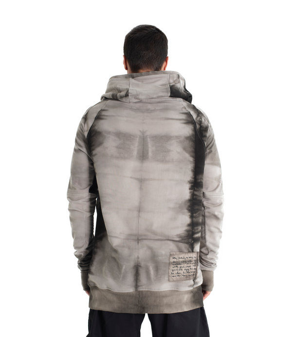 Drawstring hoodie sweatshirt crafted from medium weight cotton terry finished with ecovero* ribbing, lined hood. Hand dyed with plant with shibori method.