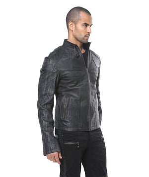 This image features a stylish "Hornet Jacket" modeled by a male. The jacket is crafted from black leather and features a slim fitting design, highlighting a modern and sleek look.