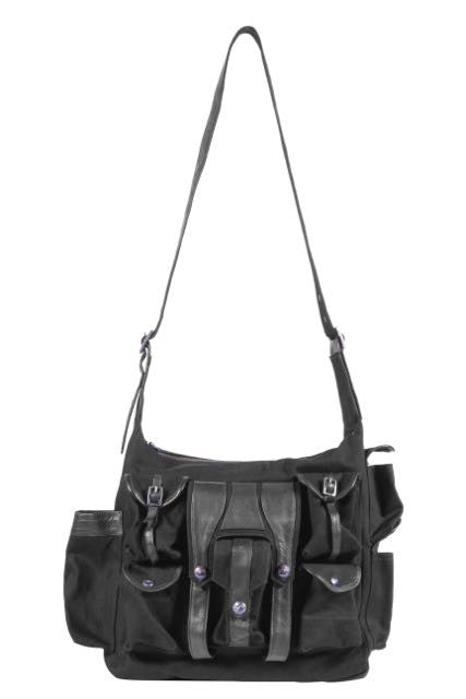 Shoulder bag, with leather strap & multiple pockets.