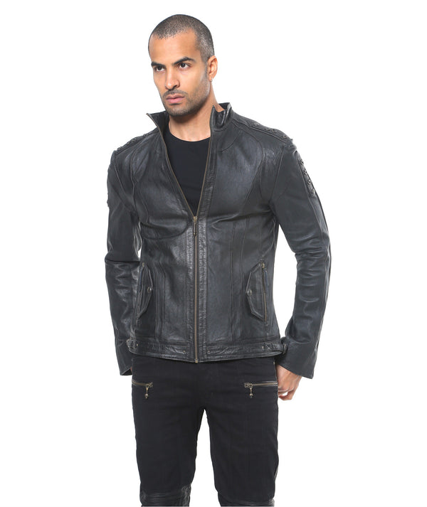 slim fitting sheep leather jacket with signature designer hardware