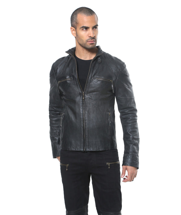 slim fitting hand washed black leather jacket. leather trimmed inside pocket.  silver print on black lining.