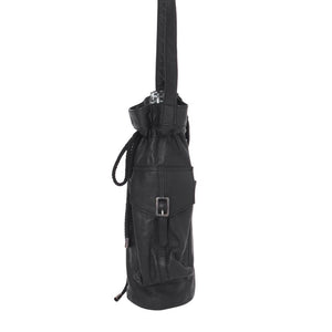 A black leather bottle bag with adjustable straps, a drawstring, and a smartphone pocket. It is displayed against a white background.