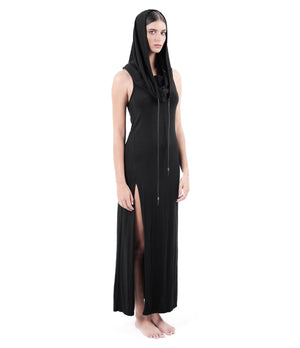 Comfortable and stylish this long hooded dress is  made of ultra soft bamboo & GOTS certified organic cotton 100% leather strings Ultra High Slit Approx 64" from armpit to ground Designed by Jan Hilmer Made in Small Batches