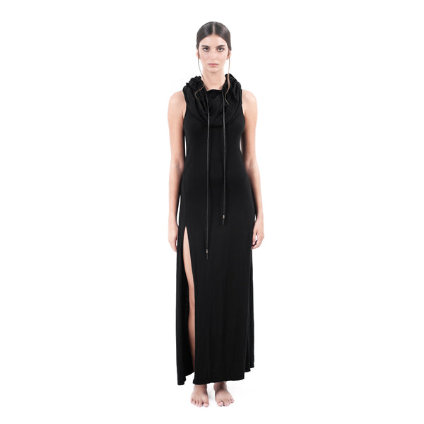 Comfortable and stylish this long hooded dress is  made of ultra soft bamboo & GOTS certified organic cotton 100% leather strings Ultra High Slit Approx 64" from armpit to ground Designed by Jan Hilmer Made in Small Batches
