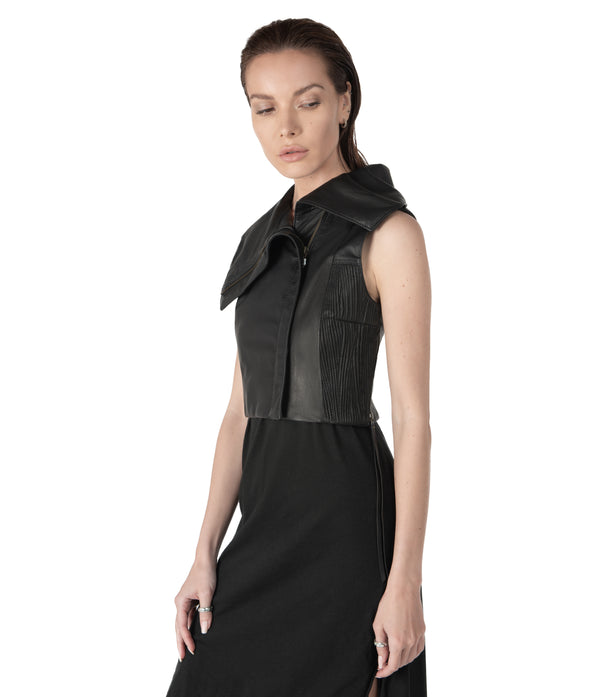 sculptural lambskin sleeveless vest with high flared collar,