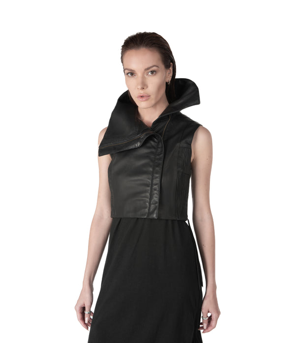 sculptural lambskin sleeveless vest with high flared collar,