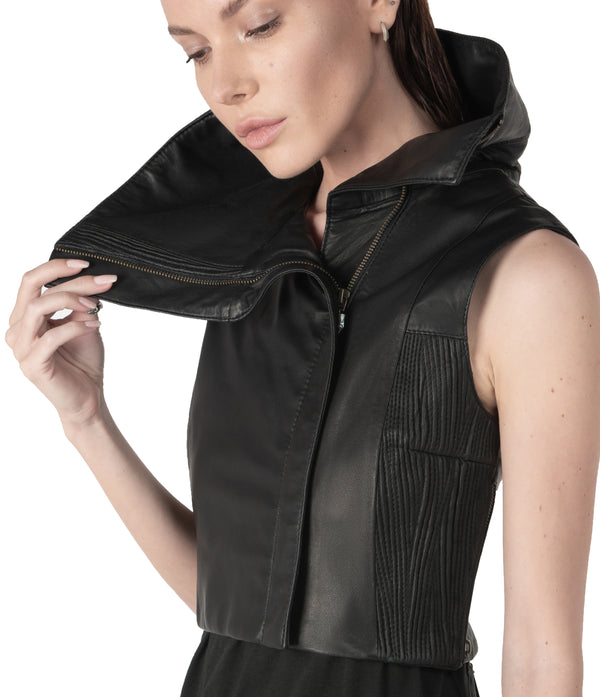 sculptural lambskin sleeveless vest with high flared collar,