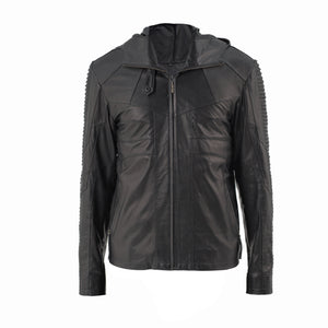 slim fitting hooded sheep leather jacket with layered scales down the arms. 