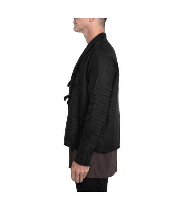 Men's kimono style jacket crafted from 100% linen, featuring ribbed detail down the sleeves, 3 front-tie fastening and 2 front pockets.  100% linen