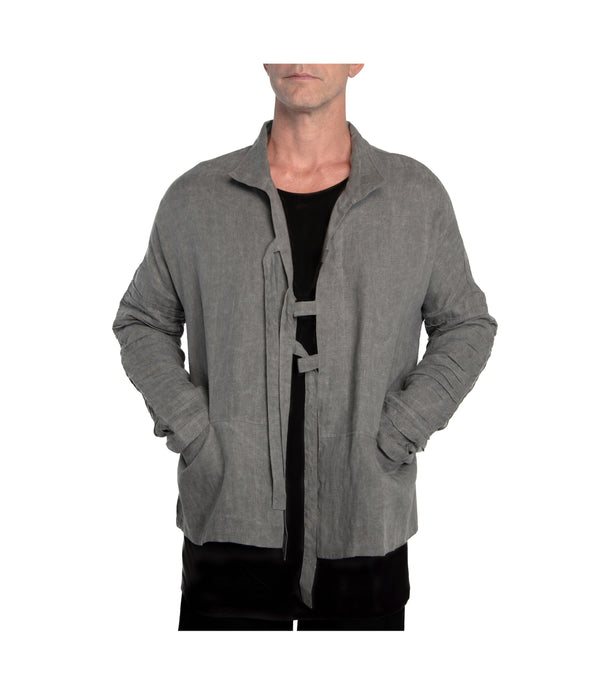Men's kimono style jacket crafted from 100% linen, featuring ribbed detail down the sleeves, 3 front-tie fastening and 2 front pockets.  100% linen