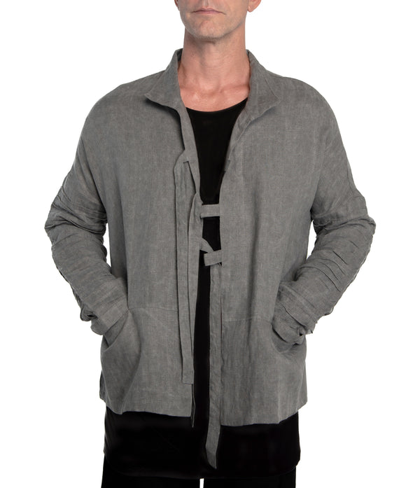 Kimono style jacket crafted from 100% linen,  featuring ribbed detail down the sleevs, 3 front-tie fastening and 2 front pockets.